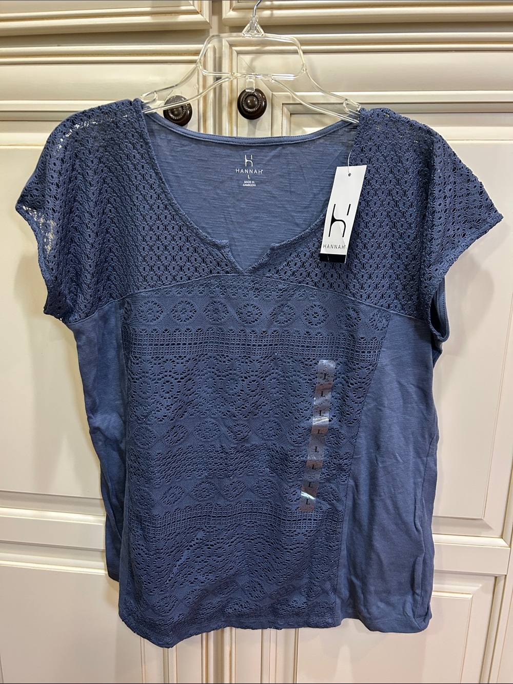 Hannah Navy Blue Crochet Yoke Short Sleeve Top